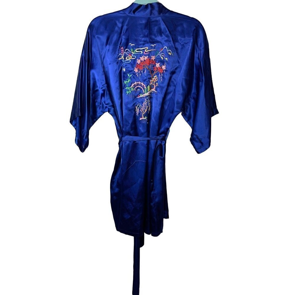Health Womens Robe Blue Size Small Vintage Hand Embroidered Pure Rayon Satin